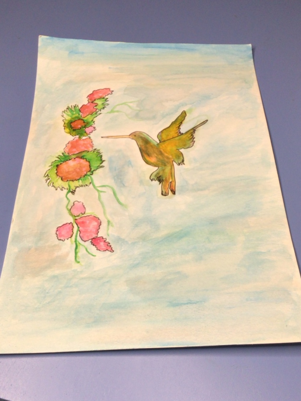 Watercolor and ink hummingbird Painting